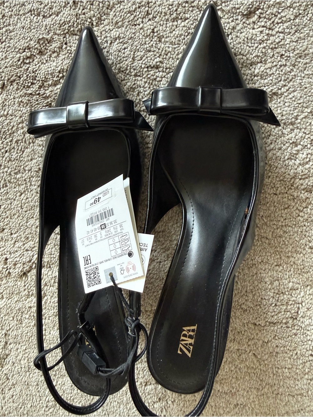 ZARA Black Pointed Bow Slingback Heels